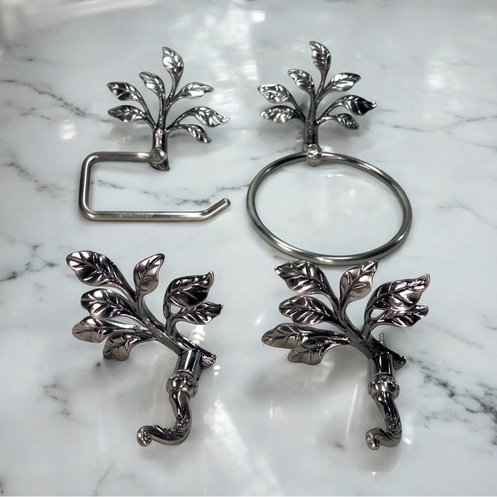 4 Pc Augustine Robe Hook Set-Toilet Paper Holder-Towel Ring-Pewter Leaf Bathroom
